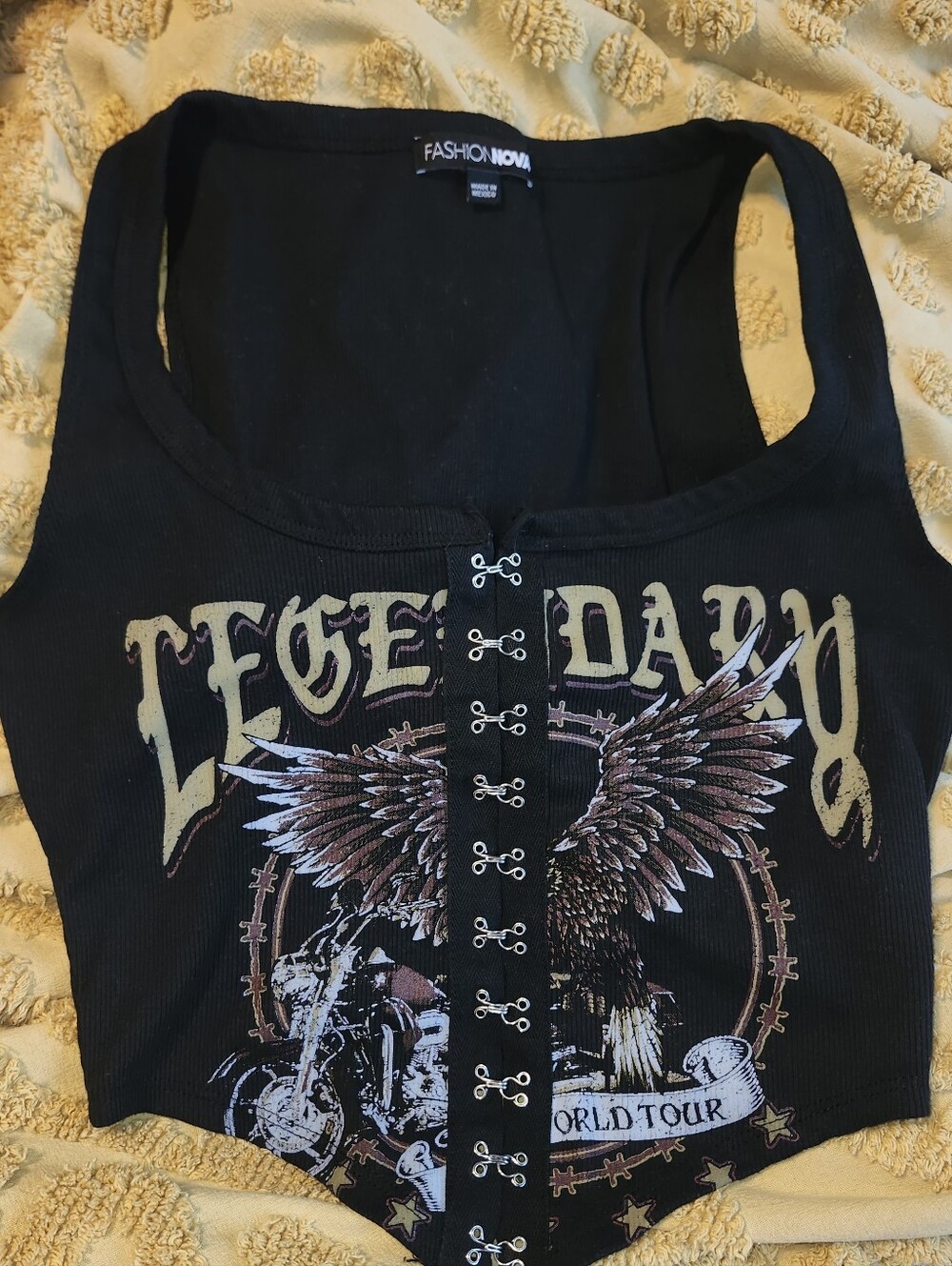 Fashion Nova Black Corset Tank with Gold and Brown Wing Graphic -Legendary